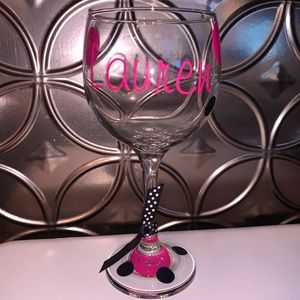 Lauren Custom Pink Black Polka Dot Wine Glass 🍷